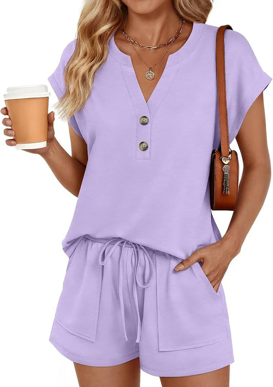 LILLUSORY 2 Piece Summer Set 2026 Henley Top & Drawstring Shorts with Pockets by Lillusory
