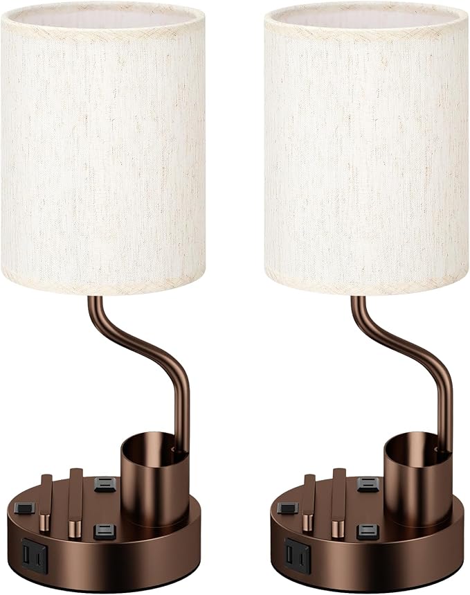 Fenmzee Bedside Lamps for Bedroom Set of 2 - Table Desk Lamp for Nightstand | 15" Table Lamp for Living Room with Pen Holder & Phone Stand, USB A+C Port, AC Outlet, 3 Color Temperature, LED Bulb Included - Image 8