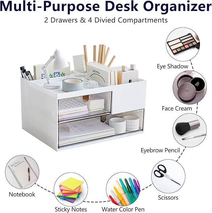 Desk Drawer Organizer, Desk Storage Box with 2 Drawers and 4 Compartments, Multifunctional Desk Accessories & Countertop Organizers for Office School Home (White） - Image 7