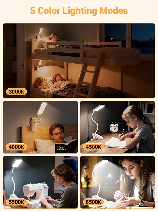 Clip on Lamp, 9 Brightness+5 Colors Reading Lights for Books in Bed Lamp | 4000mAh Battery Clip on Light,450 Lumen Rechargeable Desk Lamp for Dorm Lamp,Book Light for Reading in Bed Headboard/Bedside - Image 3