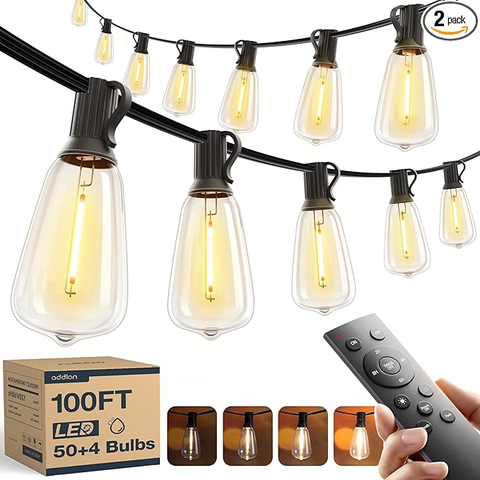 addlon 100FT(50FT*2) Outdoor String Lights ST38 LED with Remote Waterproof | 54 Dimmable Shatterproof Replaceable Bulbs, Connectable Hanging Strand for Porch Backyard Patio Garden Deck Outside, Timer by addlon