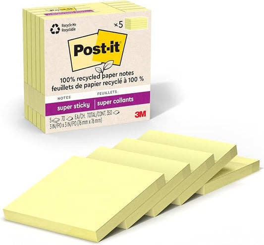 Post-it 100% Recycled Super Sticky Notes, 3 x 3 in, Canary Yellow, 5 Pads by Unknown