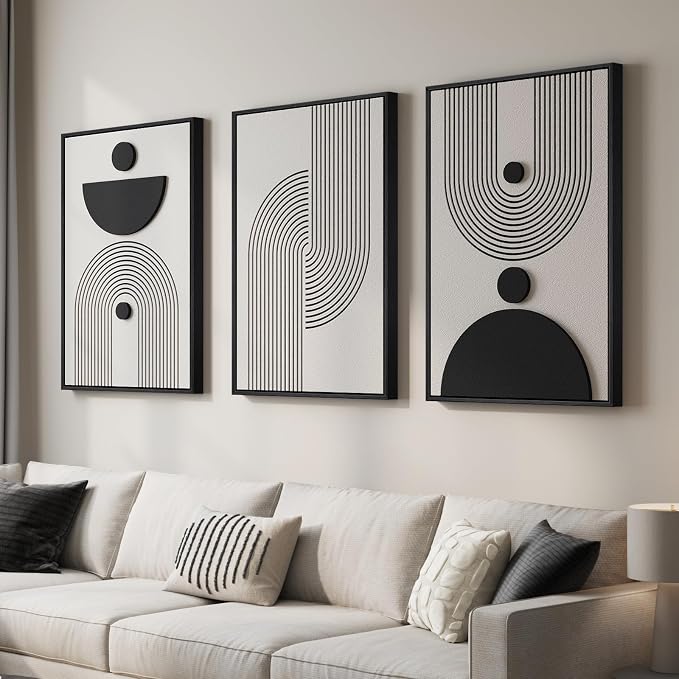 Large 3D Textured Framed Black and White Abstract Wall Art for Living Room, 3 Piece Modern Geometric Paintings, Minimalist Neutral Relief Pictures for Dining Bedroom Hallway Office Wall Decor, 24x36 In by Cuspin