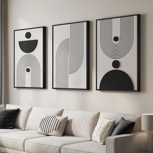 Large 3D Textured Framed Black and White Abstract Wall Art for Living Room, 3 Piece Modern Geometric Paintings, Minimalist Neutral Relief Pictures for Dining Bedroom Hallway Office Wall Decor, 24x36 In by Cuspin