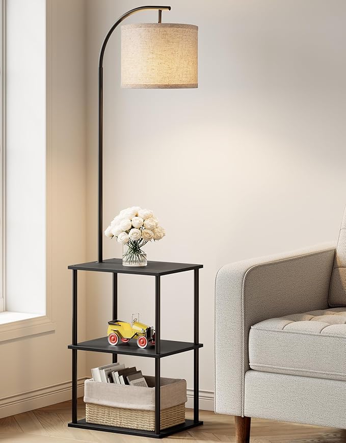 PARTPHONER Floor Lamp with Table, Night Stand with Lamp, Narrow Side Table with 3CCT LED Bulb, Small Coffee Table, Modern End Table with Storage Shelves for Living Room Bedroom Home Décor, Black by PARTPHONER