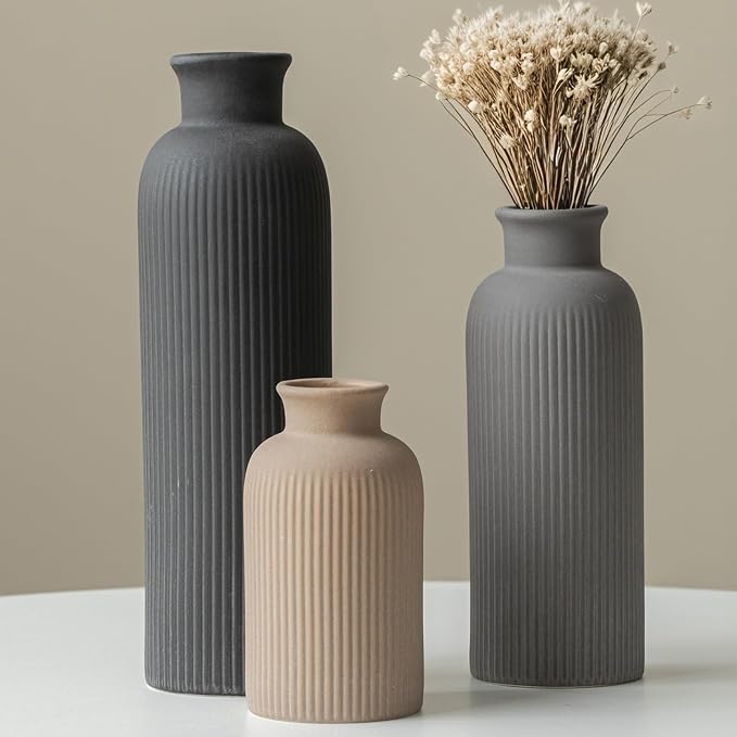 Modern Ceramic Vase Set, Black Ribbed Matte Design, 3-Piece Decorative Vases for Home, Living Room, Office (Black Mix) - Image 2