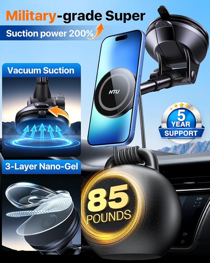 HTU 2026 Upgraded for Magsafe Car Mount [80LBS Strongest Suction & Military-Grade] Powerful Magnetic Cell Phone Holder for Car Dashboard Windshield for iPhone 17 16 15 14 Pro Max Mini,Dark Blue - Image 4
