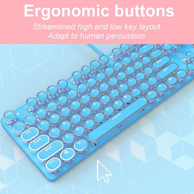 YSCP Typewriter Style Mechanical Gaming Keyboard White Backlit Wired with Blue Switch Retro Round Keycap 104 Keys Keyboard (Blue) - Image 2