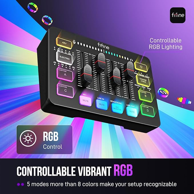 FIFINE Gaming Audio Mixer, Streaming RGB PC Mixer with XLR Microphone Interface, Individual Control, Volume Fader, Mute Button, 48V Phantom Power, for Podcast/Recording/Vocal/Game Voice-AmpliGame SC3 | USB PnP For PC,Mute Button,XLR Preamp,RGB,Voice ch... - Image 6