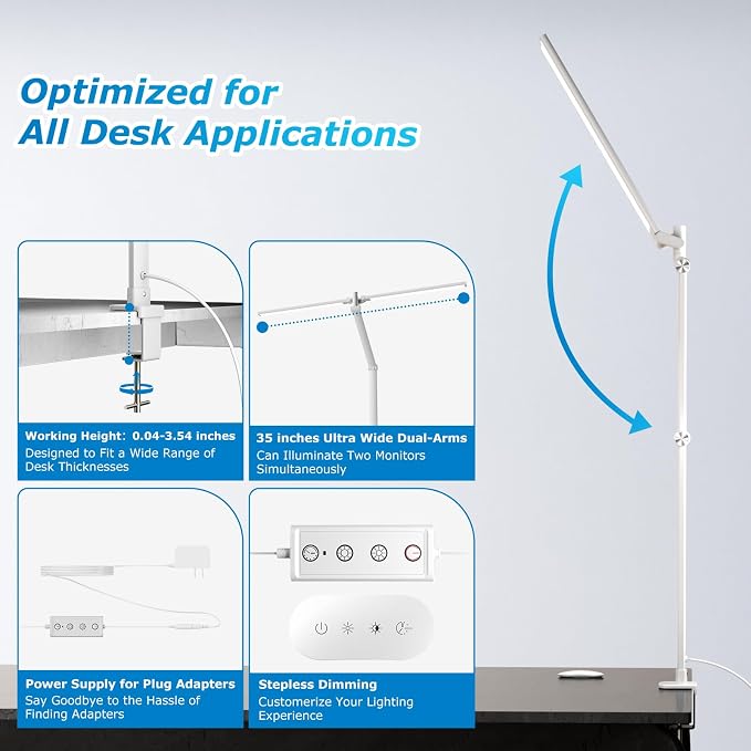 Airlonv LED Desk Lamp, Double Swing Arm Wide Lighting Area Desk Lamps for Home Office with Stepless Dimming, Eye-Caring Architect Desk Light with Clamp for Reading, Study, Workbench, Drafting(White) - Image 5