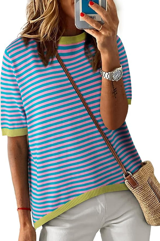Dokotoo Womens Tops 2026 Casual Summer Crewneck Short Sleeve Striped Color Block Knit High Low Trendy Pullover Sweaters by Dokotoo