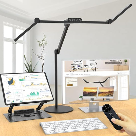 Micomlan Architect Desk Lamp with Remote Control, Adjustable Led Desk Light for Home Office with Base, 24W Bright Auto Dimming Table Light Rotatable Office Lamp with Swing Arm for Computer Cafting by Micomlan