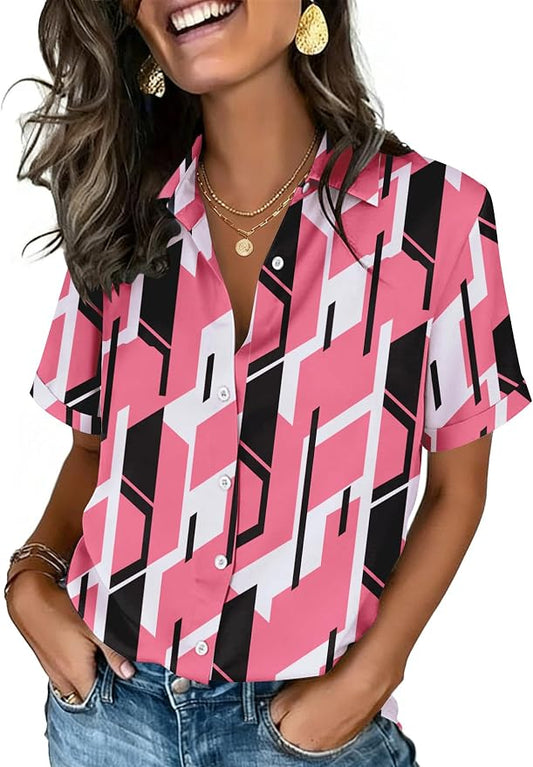 Zeagoo Button Down Shirts for Women Short Sleeve Collared Tops Dressy Casual V Neck Blouses by Zeagoo