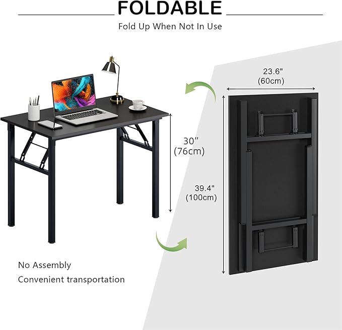 Need Office Computer Desk 39.3 Inch Sturdy Folding Laptop Table Black | Black Frame Writing Gaming Work Table/Foldable Home Office Desk/Sewing Table, No Assembly Required - Image 3