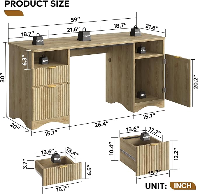 Bestier 59 inch Computer Desk with 2 Drawers, Office Desk with Storage File Cabinet and 2 Open Storage Shelves, Modern Fluted Executive Desk for Home Office Bedroom, Natural Oak - Image 2