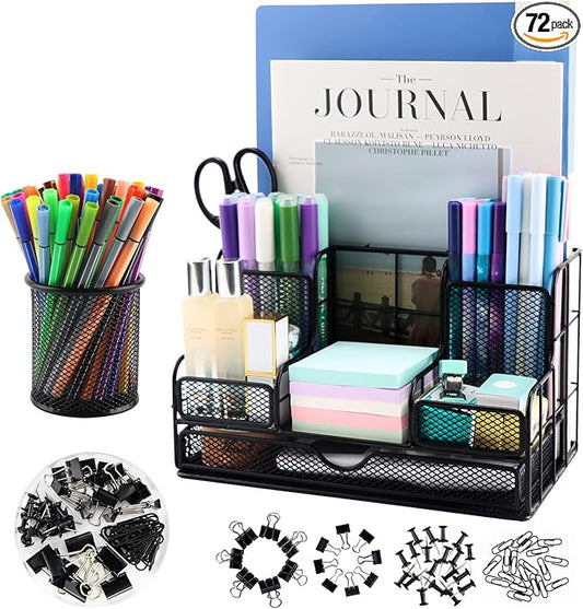 Desk Organizers Caddy and Accessories with 7 Compartments + Pen Holder / 72 Clips Set, Drawer, Black Mesh Office Supplies Desktop Organizer for Home, Office Ect by BCCICE