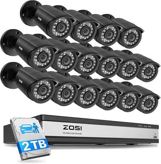 ZOSI 3K Lite 16 Channel Security Camera System with AI Human/Vehicle Detection, 16pcs 2MP Wired Indoor Outdoor CCTV Cameras, Night Vision, 16CH DVR with 2TB HDD for 24/7 Recording, No Monthly Fees by ZOSI