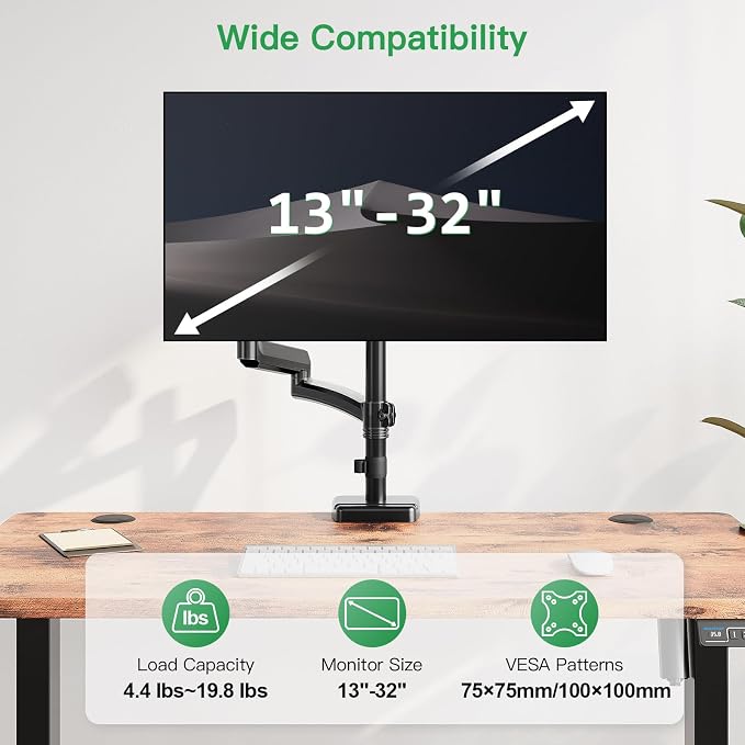 MOUNT PRO Single Long Monitor Arm, 13 to 32 inch Computer Monitor Desk Mount, Extra Long Adjustable Screen Stand, Tall Display Mount with Tilt, Swivel, Rotation, Hold up to 19.8lbs, VESA 75/100mm - Image 4