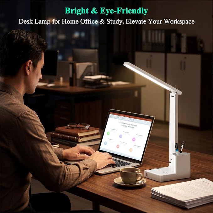 COZOO LED Desk Lamp with 2 USB Charging Ports,Type C Port,1 AC Outlet,2 Pen Holders,3 Color Temperature 3 Brightness Level,Touch/Memory/Timer,10W Eye Protection Foldable Reading Light,Study Lamp-White - Image 3