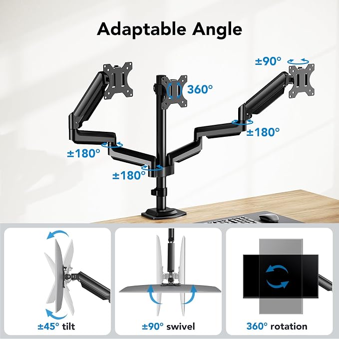 HUANUO Triple Monitor Mount for 13-27 inch Computer Screens, Gaming 3 Monitor Desk Mount with Arm Holds 19.8lbs, Triple Monitors Stand with Tilt, Swivel, Rotation, VESA 75x75, 100x100mm - Image 4