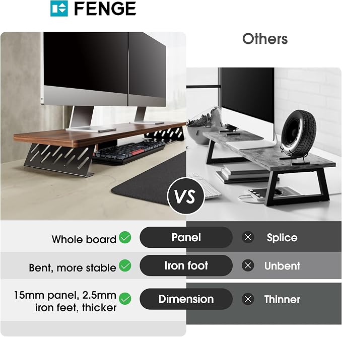 Fenge Dual Monitor Stand Riser, 42.5 Inch Desk Top Shelf for 2 Monitors, Computer Stands for Desk, Wood & Steel Desktop Riser for Laptop, PC, Printer - Image 3