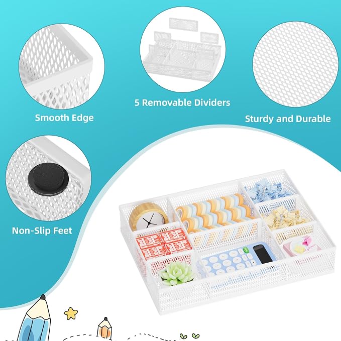 Marbrasse 2 Pack Desk Drawer Organizer, Mesh Drawer Organizer Tray with 8 Adjustable Compartments, Desk Organizers and Accessories, 5 Dividers for Office Supplies, Makeup & Vanity (White) - Image 6
