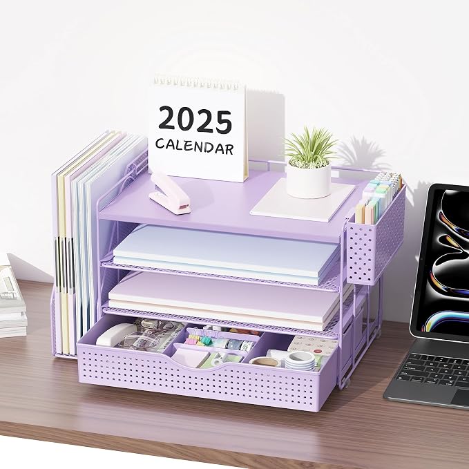 gianotter Wood Desk Organizers and Accessories with File Holder, 4-Tier Desk Accessories & Workspace Organizers with Drawer and Pen Holder, Desk Reference Organizer (Purple, 4T with Drawer) - Image 6