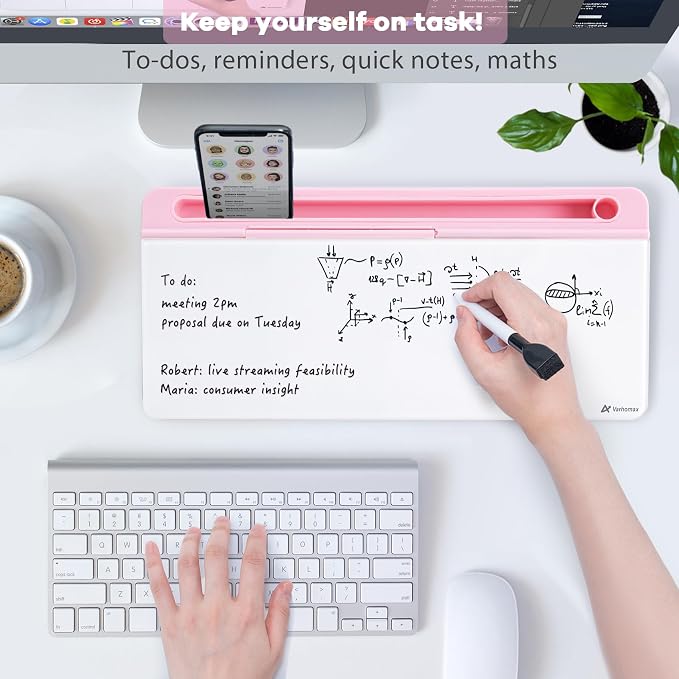 Varhomax Glass Desk Whiteboard with Storage, Desktop Organizer to-do List Memo Notepad Dry Erase White Board for Home Office and School Supplies (Pink) - Image 2