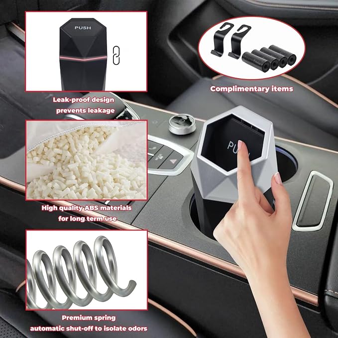BFXM Car Trash Can, Car Trash Bin with Lid, Car Accessories for Women Interior, Car Garbage Can with Additional 2 ABS Hooks and 60pcs Trash Bags, Suitable for Home, Office, Car Organizer, Black - Image 4