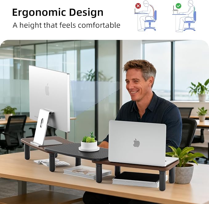 Dual Monitor Stand For Desk,Adjustable Height Long Wood Computer Riser | For Computer,Notebooks,Laptop,Printer,TV,Decoration for Office & Home ,Walnut - Image 6