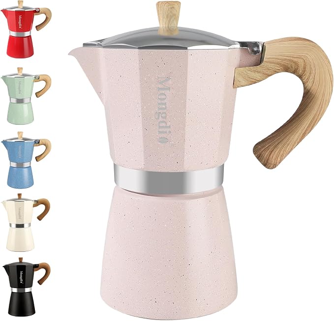 Mongdio Stovetop Espresso Maker Moka Pot, Cuban Coffee Maker Stove top coffee maker Moka Italian Espresso Greca Coffee Maker Brewer Percolator, 9 Espresso Cups, 15 oz - Pink by Mongdio