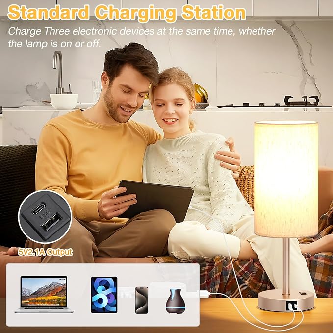 Dicoool 17.4" Bedside Lamp for Bedroom - Dimmable Touch, USB A+C, AC Outlet | LED Bulb Included, 3-Way Dimmable, 17.4" Table Lamp for Living Room, Dorm, Cream Fabric Lampshade, Antique White Metal Base - Image 4