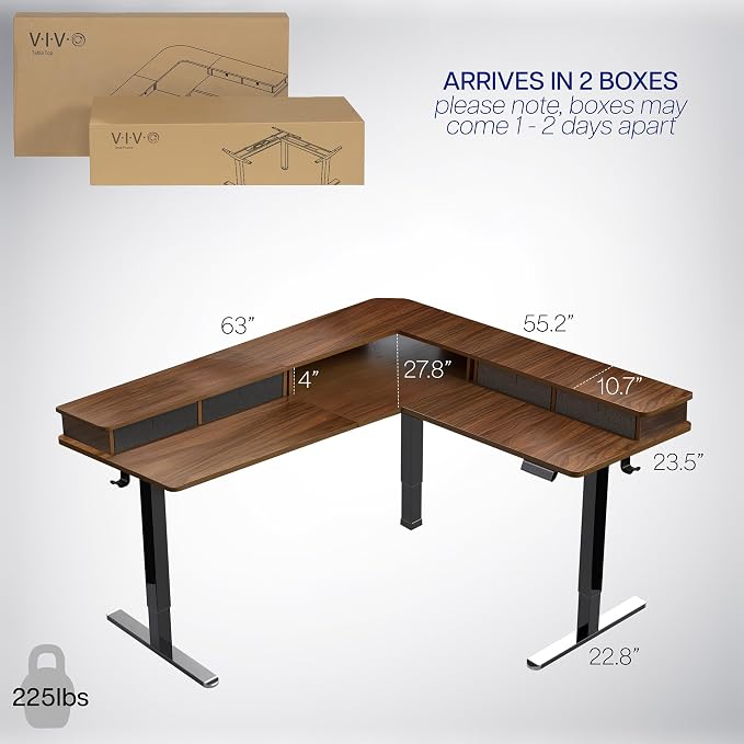 VIVO Dark Walnut 63 x 55 in Corner Standing Desk, DESK-E3CVD | Electric, 2-Tier, L-Shaped, Sit Stand, Height Adjustable, Memory, Dark Walnut Top, Black Frame, Black Drawers - Image 6