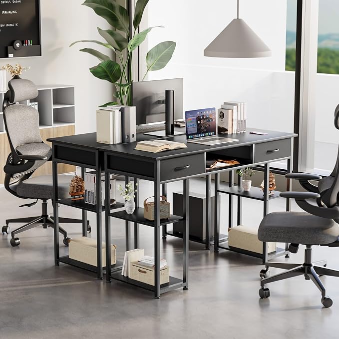 47 Inch Computer Desk with 2 Drawers, Home Office Desk with Wooden Shelves, Study Writing PC Table for Small Spaces, Bedroom, Dorm or Living Room, Black - Image 7