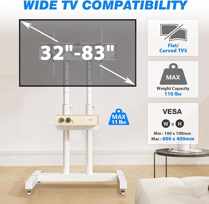 Rfiver Mobile TV Cart Rolling TV Stand for 32-83 Inch Screen Flat/Curved TVs up to 110lbs, Tilt and Height Adjustment Portable TV Stands on Wheel with Laptop Shelf, Outdoor TV Stand MAX VESA 600x400mm - Image 2