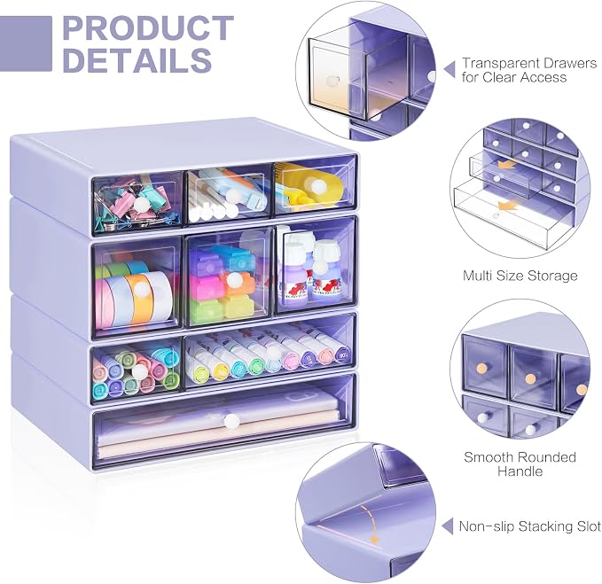 Desk Storage Organizer with 9 Drawers, 4 Tiers Stackable Desktop Craft Storage Drawers, Clear Storage Box Caddy for Stationary Makeup Jewelry Office Craft Supplies (Purple) - Image 4