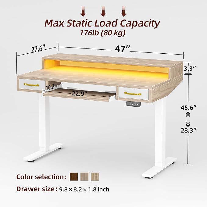 TIQLAB Standing Desk with Two Drawers, Stand Up Standing Desk Adjustable Height, Electric Sit Stand Table with Storage Shelf and Splice Board, with LED Light, 47 * 28 inch, Light Walnut - Image 3