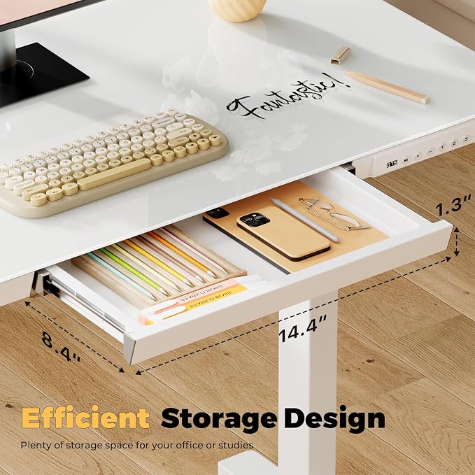32" Glass Standing Desk with Drawer, Small Electric Desk | Height Adjustable Quick Install One-Piece Tabletop with USB Charging Ports, Sit Stand Computer Desk for Compact Space, White - Image 2