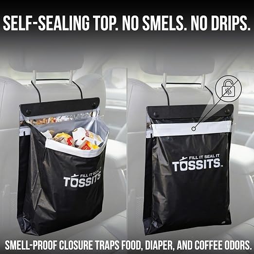 Tossits Recycled Disposable Car Trash Bags – Leakproof, Smell Proof Hanging Garbage Bags for Car, Truck, SUV, RV & Vehicle – Black, 21 Count Disposable Automotive Trash Bags - Image 4