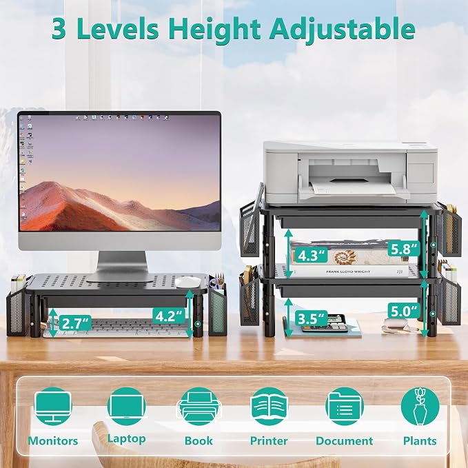 WALI Computer Monitor Stand with Storage, Desk Organizer with Drawer and Pen Holder, Desk Monitor Riser 3 Height Adjustable, Laptop Riser for Computer, Laptop, Printer (STT003DH-B), 1 Pack, Black - Image 5