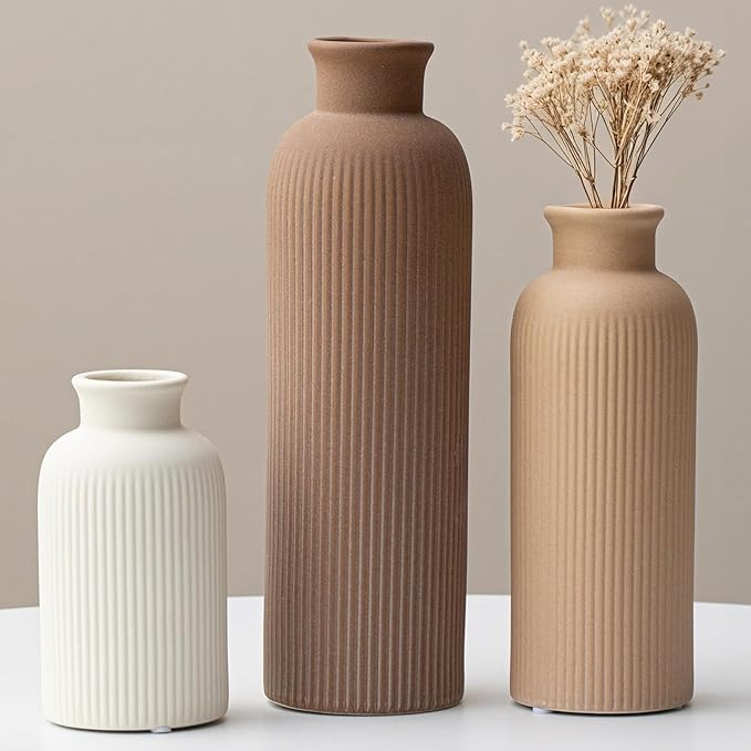 Modern Ceramic Vase Set, Earth Tone Natural Color Ribbed Matte Design, 3-Piece Decorative Vases for Home, Living Room, Office (Coffee Mix) by Vaurcesavase