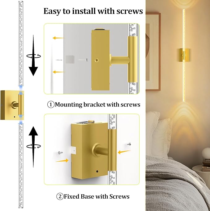 iThird Crystal Bubble Gold Wall Sconces Set of 2: 10000mAh Rechargeable Wireless Lights with Remote & 360° Rotate, 4 Color Temps Dimmable, 31" Lamp Decor for Bedroom Living Room Mirror - Image 2