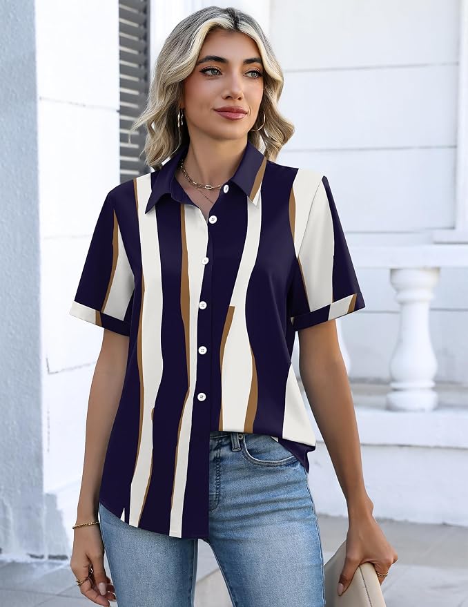 Zeagoo Button Down Shirts for Women Short Sleeve Collared Tops Dressy Casual V Neck Blouses - Image 4