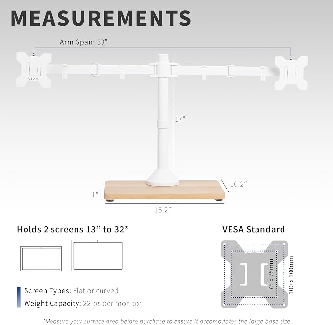 VIVO Dual Monitor Desk Stand for 13 to 32 inch Screens, STAND-V002FD-W | Articulating, Freestanding Adjustable Monitor Arm, White with Wood Base, Computer Stand for 2 Monitors, Holds 22 lbs Each - Image 4