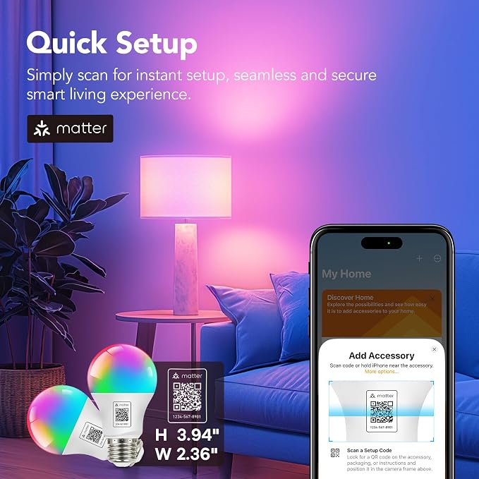 OREiN Matter Smart Light Bulb, Smart Light Bulbs with Remote Control Work with Apple Home, Alexa, Google Home, SmartThings, Color Changing Light Bulbs 2.4Ghz WiFi, 800 Lumens Equivalent 60W 2Pack - Image 2