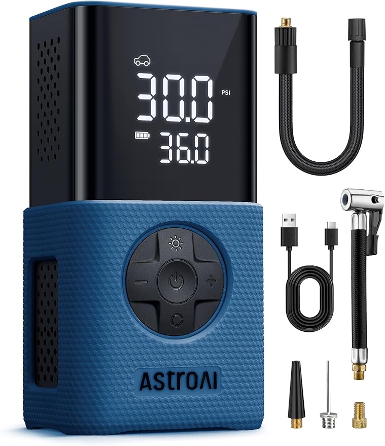AstroAI L7S Tire Inflator Portable Air Compressor Cordless with Digital Pressure Gauge, 150 PSI LED Light Bike Air Pump with Fast Inflation & Auto Shut-Off for Car Tires,Motorcycles,Bikes,Balls,Blue by AstroAI