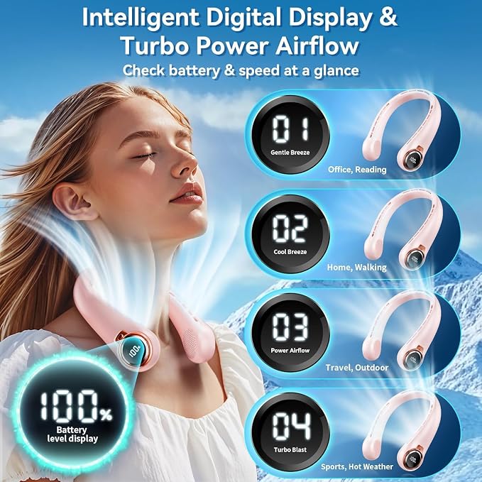 BNBZ Portable Neck Fan, 6000mAh Rechargeable Fan Blows Cold Air with LED Display, 4 Speeds, 20H Runtime, Quiet Wearable 360° Personal Cooling Fan for Outdoor Travel Work Gym,Fireplace Fans-Pink - Image 4