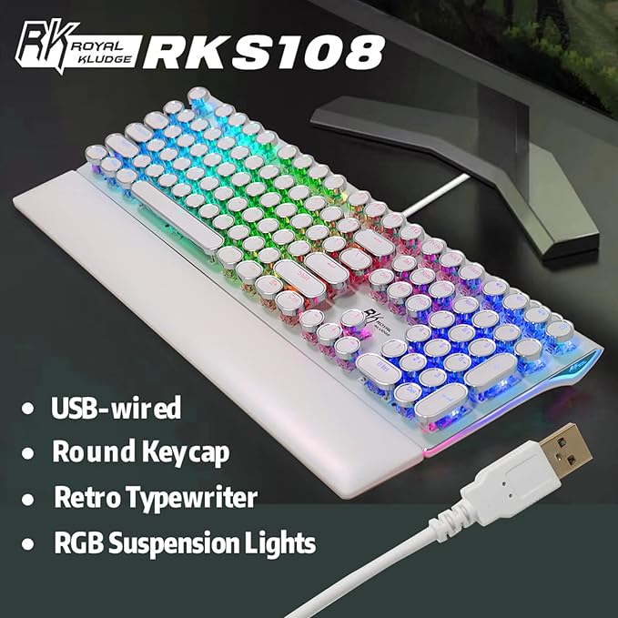 RK ROYAL KLUDGE S108 Typewriter Style Mechanical Gaming Keyboard with RGB Backlit, Wired PC Game Keyboard Full Size with Detachable Wrist Rest and Number Pad, Retro Round Keycaps, Red Switches White - Image 2