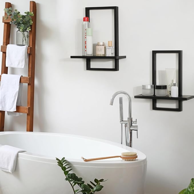 PHOENANCEE Square Floating Shelves,Wall Plants Holder,Bathroom Wall Decor,Framed Decorative Shelf Black,Modern Chic Set of 2 for Living Room Bedroom Home Office,Soild Wood,L+S - Image 5