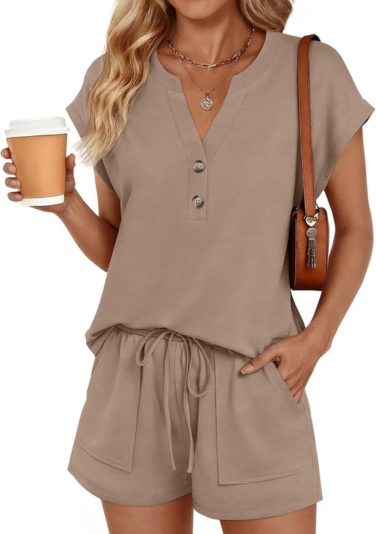 LILLUSORY 2 Piece Summer Set 2026 Henley Top & Drawstring Shorts with Pockets by Lillusory